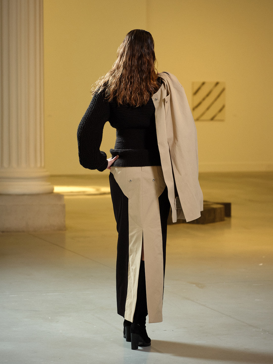 Jupe trench longue en coton beige et noir